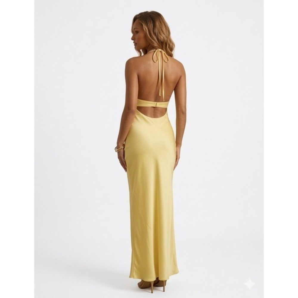 Princess Polly Yellow Odyssa Satin Halter Open Back Maxi Dress Formal Evening 8 - Picture 2 of 9